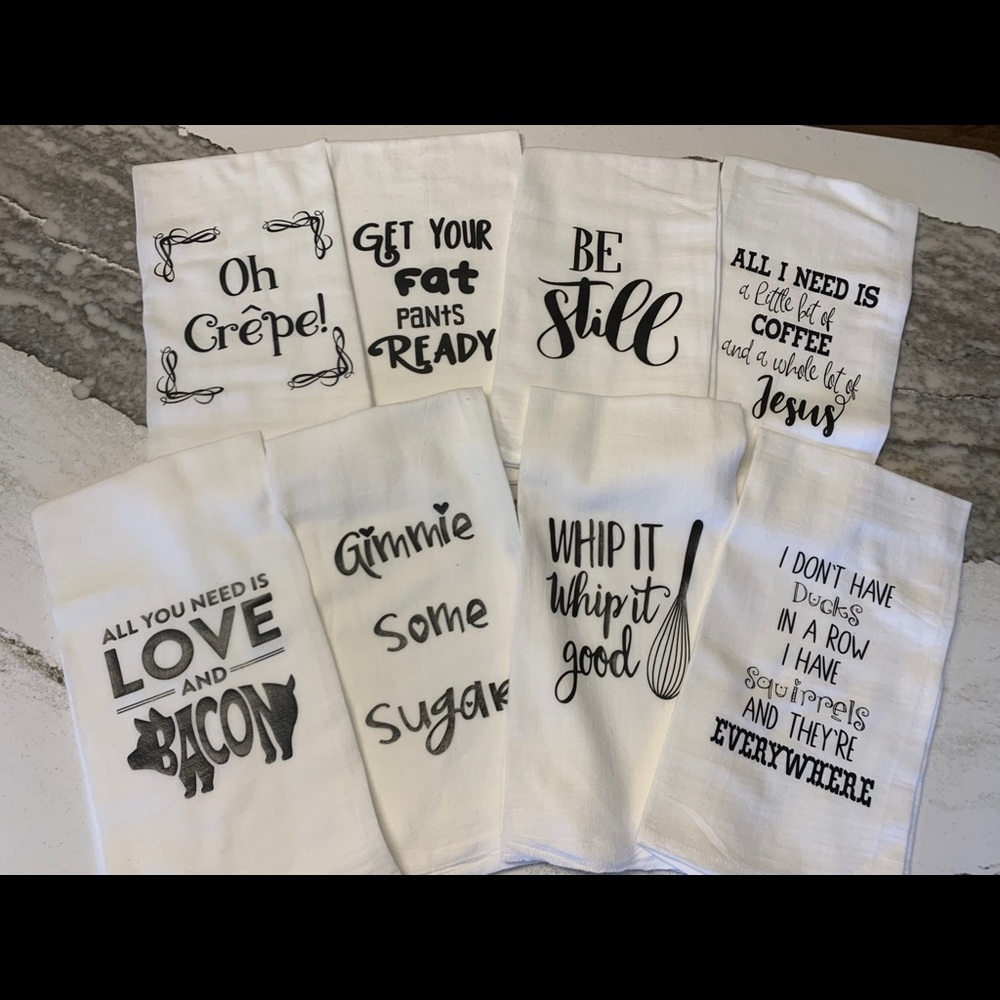 Flour sack dish towels with cute phrases NWOT